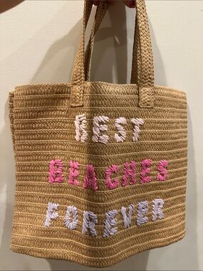 Straw Tote Bag with Pink and White Embroidery - 'Best Beaches Forever'